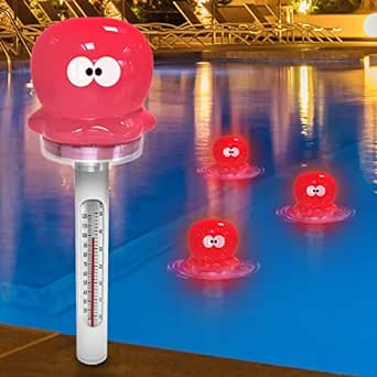 Pyle Floating Pool Thermometer with Solar Powered LED Light,Wireless Indoor Outdoor Thermometer, Auto Light-Up Easy to Read Water Temperature Thermometer for Swimming Pool Bath Hot Tub (Octopus)