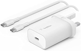 Belkin BoostCharge 25W wall charger with PPS, USB-C Power Delivery, fast phone charger for iPhone 15, Samsung Galaxy, iPad, Pixel, tablet and more – USB charger plug with USB-C to USB-C cable included