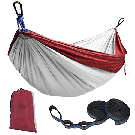 Kootek Portable Double Camping Hammock Indoor Outdoor Tree Hammock with 2 Adjustable Hanging Straps, Lightweight Nylon Parachute Hammocks for Backpacking, Travel, Beach, Backyard, Hiking