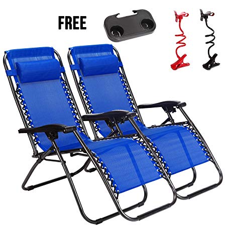 Idealchoiceproduct 2-Pack Zero Gravity Outdoor Lounge Chairs Blue Patio Adjustable Folding Reclining Chairs With Free Cup/Drink Utility Tray & Cell Phone Holder-Blue Color
