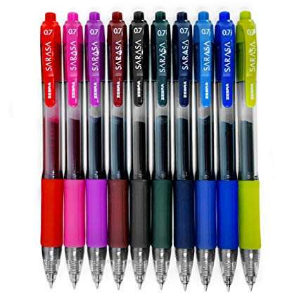 Zebra - Sarasa Retractable Gel Ink Rollerball - Fast Drying - 0.7mm - Pack of 10 Ink Colours in Plastic Wallet