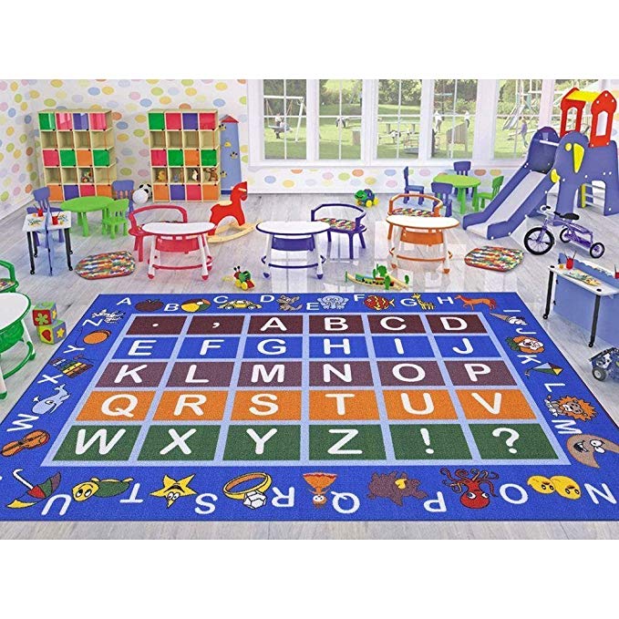 Ottomanson Jenny Collection Light Blue Frame with Multi Colors Kids Children's Educational Alphabet (Non-Slip) Area Rug, Blue, 8'2" x 9'10"