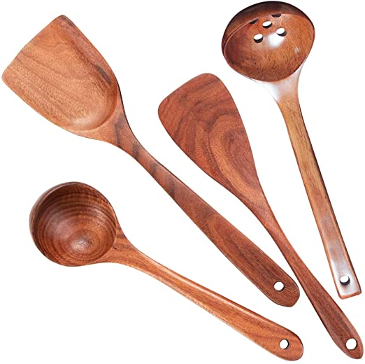 Wooden Cooking Utensils Set,Natural Wood Kitchen Utensils Easy to Cleaning,Wooden Spatulas for Cooking (Set of 4)