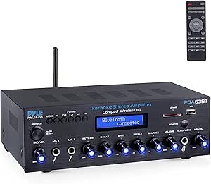 Pyle Wireless BT Stereo Amplifier, Multi Channel, 200 Watt Power, Home Audio Receiver System with FM Radio, BT, USB SD, AUX, RCA, Mic-in, BT and FM Antenna