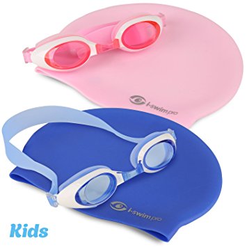 i-Swim Pro Kids Swimming Goggles and Cap – Protect Your Children's Eyes With Watertight, Adjustable Goggles! Comfortable Fit With Anti-Fog And UV Protection! Plus, Matching Swimming Cap – Easy To Put On And Stays On. No Wet, Tangled Hair Afterwards!