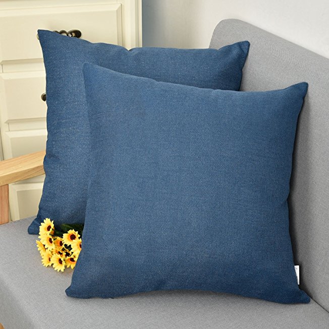 Natus Weaver Decoration Lined Linen Square Euro Throw Pillow Cover Sham Hand Made Cushion Case for Sofa with Invisible Hidden, 18 -inches ( Set of 2, Navy )