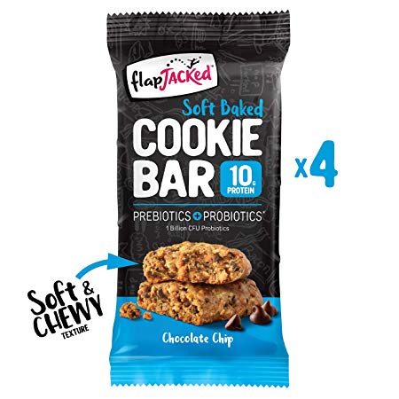FlapJacked Soft Baked Cookie Bar, Chocolate Chip, 4 count | Protein Snack Bar | Prebiotics   Probiotics | No Sugar Alcohols