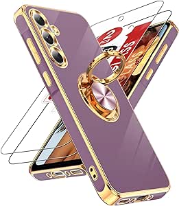 LeYi for Samsung Galaxy A35 5G Case: with Tempered Glass Screen Protector [2 Pack] 360° Rotatable Ring Holder Magnetic Kickstand, Plating Rose Gold Edge Samsung A35 5G Case, Purple