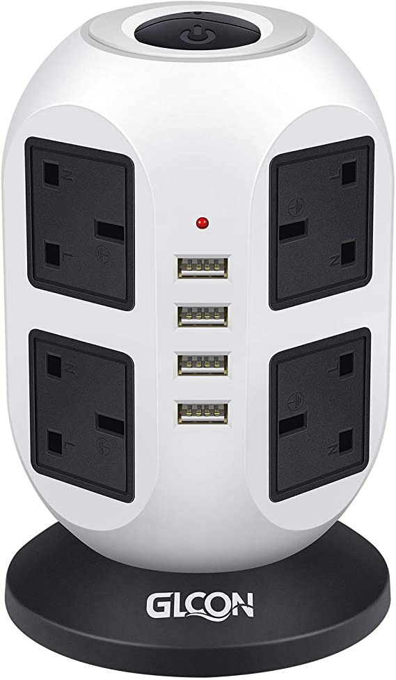 GLCON Power Strip Tower 8 UK Outlets 4 USB Ports (5V 3.1A) Tower Extension Lead 4M/13ft Surge Protected Multi Sockets Desktop Charger for TV/PC/Ipad/Phone/Router/DVD Player
