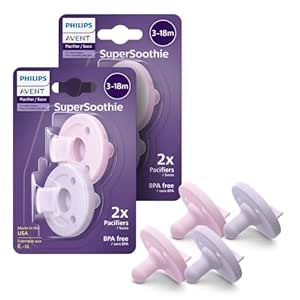 Philips Avent Soothie Orthodontic Baby Pacifiers, 100% Silicone Pacifiers, One Piece, BPA-Free, for Babies 3-18 Months, 2 Lilac and 2 Pink, 4 Pack, Model SCF192/70