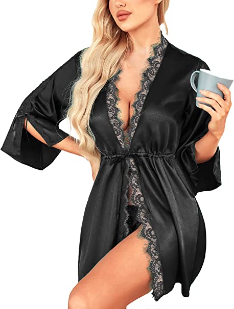 ELOVER Women Sexy Robe Satin Short Kimono Robes Bridesmaid Robe Silk Lingerie Dressing Gown