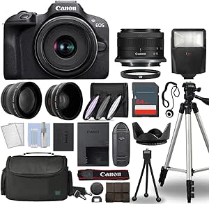 Canon EOS R100 Mirrorless Digital Camera Body Black with Canon RF-S 18-45mm f/4.5-6.3 is STM Lens 3 Lens Kit with Complete Accessory Bundle   Memory Card  Flash & More- International Model (64gb Kit)