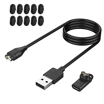 MoKo Charger Cable Compatible with Garmin Fenix 7/7S/7X/6/6S/6X/5/5S/5X/Forerunner 45/245/255/Vivoactive 3/4/Instinct/Venu, 1M USB Charging/Data Cord   1 USB-C Adapters   10 Dust Plugs, Black