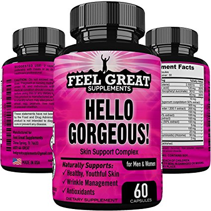 HELLO GORGEOUS Skin Hair Nails Supplement for Women & Men, Best Anti Aging Skin Care Product for Healthy Youthful Hair Skin and Nails Vitamins A, Vitamin C, Vitamin E, Collagen Hyaluronic Acid & More