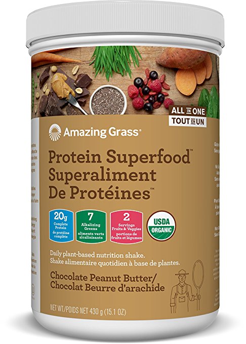 Amazing Grass Organic Plant Based Vegan Protein Superfood Powder, Flavor: Chocolate Peanut Butter, 430 grams, Meal Replacement Shake