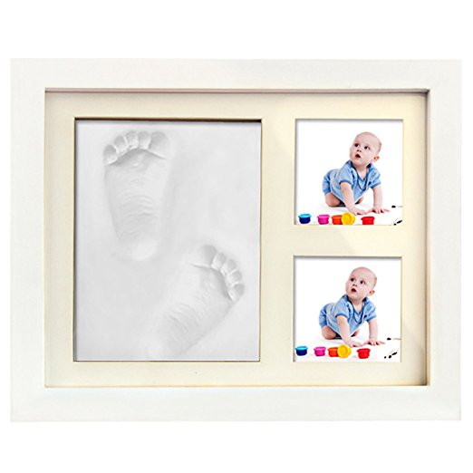 Baby Clay Handprint and Footprint Keepsake Kit-Non Toxic and Safe Clay-Solid Wood Product with Acrylic Glass, Air Drying-Best Baby shower Gift (White)