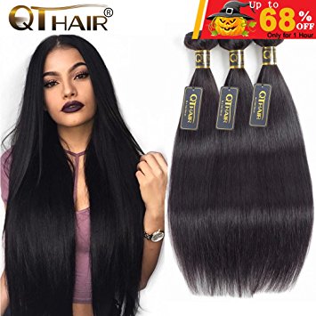 QTHAIR 8A Brazilian Virgin Straight Hair 3 Bundles 16 18 20 inch 100% Unprocessed Brazilian Human Hair Weave Extensions Natural Black Color Grace Hair Products