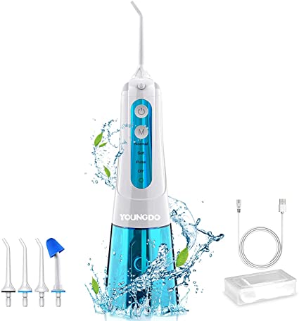 YOUNGDO Professional Cordless Dental Oral Irrigator - 300ML Portable and Rechargeable 4 Modes Water Spray for Teeth, with 4 Jet Tips, A Box of Dental Floss