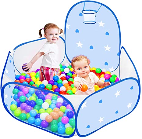 Likorlove Kid Ball Pit with Basketball Hoop 4ft/120cm, 1-6 Years Child Toddler Ball Ocean Pool Tent with Zippered Storage Bag for Boys Girls (No Smell) Healthy Pop Up Star Play Tent (Blue)