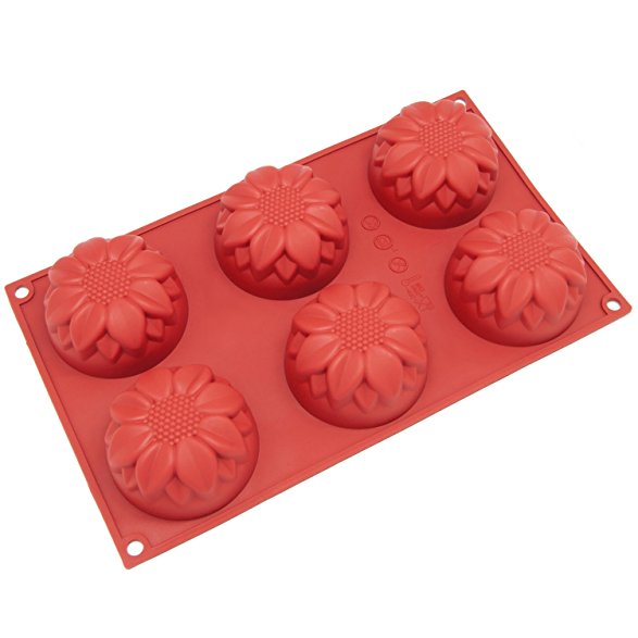 Freshware SL-120RD 6-Cavity Silicone Sunflower Muffin, Brownie, Cornbread, Cheesecake, Panna Cotta, Pudding, Jello Shot and Soap Mold