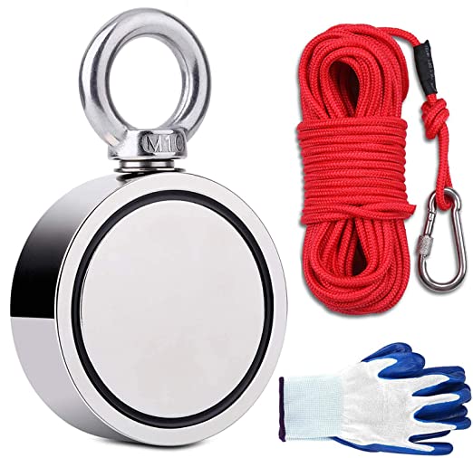 EVISWIY Fishing Magnets Double Sided 660LBS with Rope 65FT Carabiner Glove Large Strong Rare Earth Neodymium N52 Magnets for Magnet Fishing Treasure Hunting Underwater Retrieving