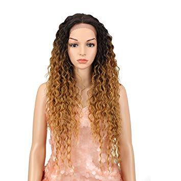 Style Icon 28” Long Kinky Curly Wig Ombre Blonde Lace Front Wig for women Heat Resistant Replacement Wig Density 130% Synthetic Wig (28", SOP43026)