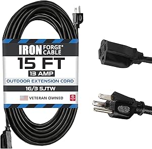 15 Ft Outdoor Extension Cord - 16/3 Durable Black Cable