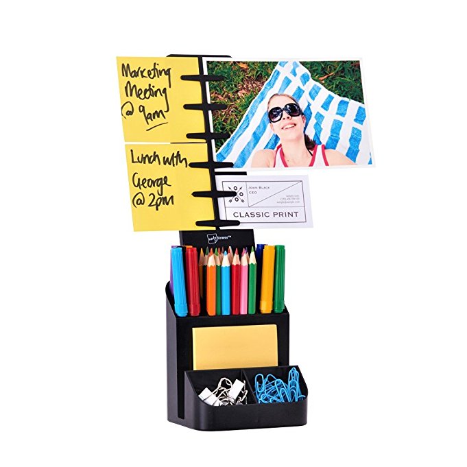 NoteTower Desktop Organizer Black - Sticky Note Holder & Office Supplies Caddy - Displays Photos, Sticky Notes, Business Cards & Holds Pens & Pencils   BONUS 50 Sheets 3x3 Sticky Notes