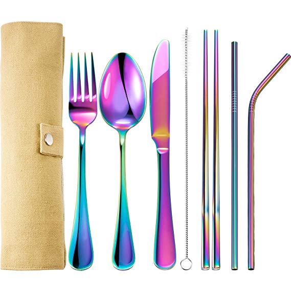 Tatuo 7 Pieces Portable Stainless Steel Flatware Set Travel Cutlery Silverware Set Reusable Utensils with Case, Stainless Steel Knife Fork Spoon Chopsticks Straws (Multicolor)