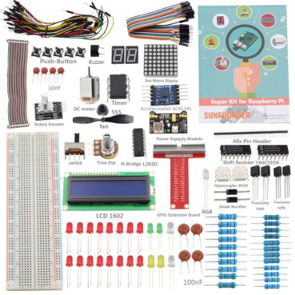 Sunfounder Project Super Starter Kit for Raspberry Pi Model B  w/ 40-Pin GPIO Extension Board, GPIO Cable, H-Bridge L293D, ADXL335, DC Motor, 7-Segment, Dot Matrix Display