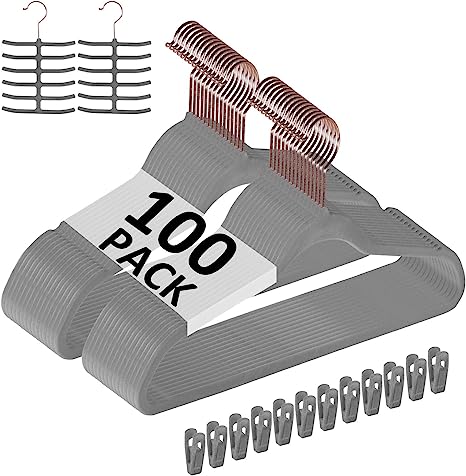 VECELO Premium Velvet Clothes Hangers Suit Heavy Duty (100 Pack)-Non Slip & Space-Saving with 12 Finger Clips & 2Tie Rack Excellent for Men and Women,Gray