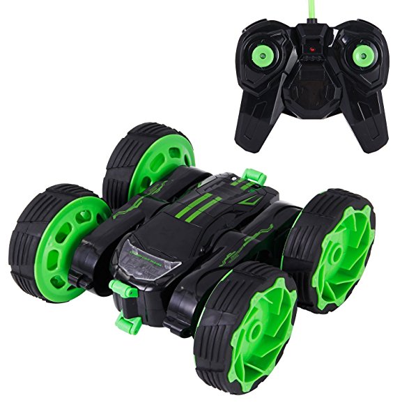 SGILE Rechargeable Stunt Car Toy RC Remote Control Racing Vehicle with bright LED lights Stand Up and Rotate at 360 Degree for Kids, Green (Green-3)