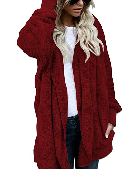 ThusFar Women Fuzzy Fleece Jacket Open Front Hooded Cardigan Coat Outwear Pockets