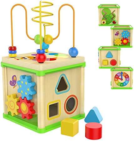 TOP BRIGHT Wooden Activity Cube for 1 Year Old Boy Girl, Toddler Toys with Shape Sorter and Bead Maze, Baby First Birthday Present Gifts