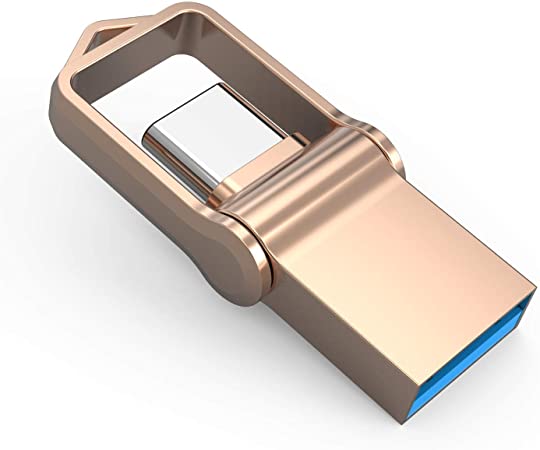 Type C USB Flash Drive 64GB, KALSAN 64GB 2 in 1 OTG Type C  USB 3.0 Dual Drive Waterproof Memory Stick with Keychain Metal-Gold Color