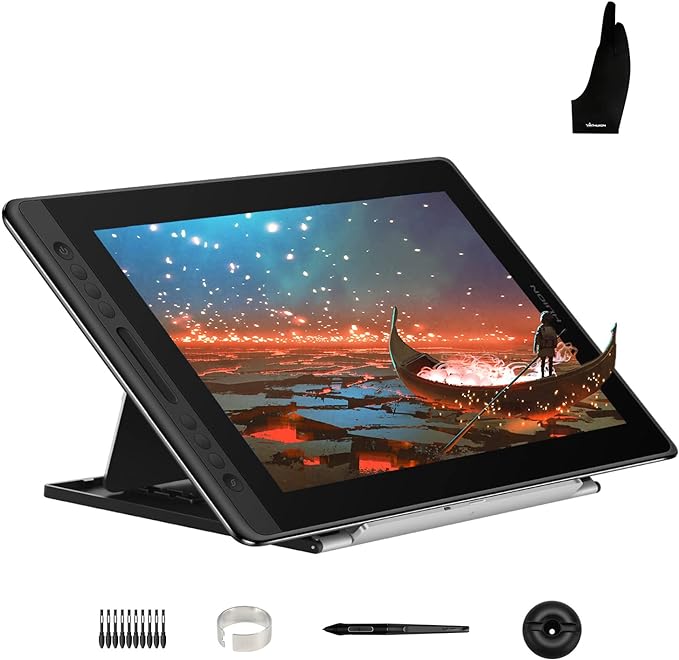 HUION KAMVAS Pro 16 Graphics Drawing Tablet with Screen Full-Laminated Tilt Battery-Free Stylus Touch Bar Adjustable Stand for Windows, Linux and Mac, 15.6inch Pen Display Bundle with Glove