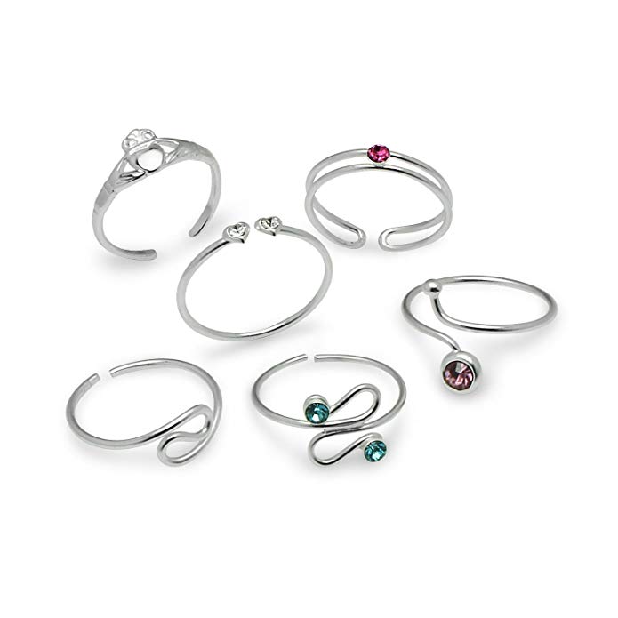 Sterling Silver Adjustable Toe Rings Set of 6 Pieces – Great as Thumb Rings