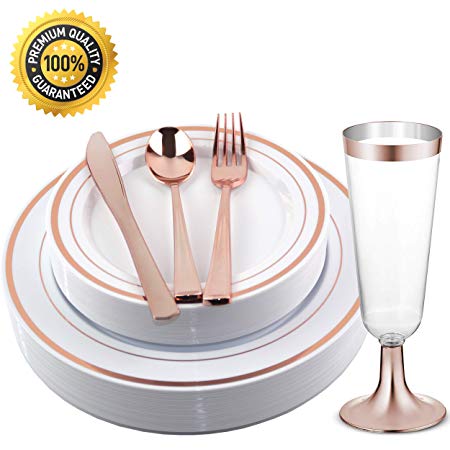 Facciamo Festa Rose Gold Plastic Plates with Cups and Cutlery Supplies 150 Pcs | Heavy Duty and Disposable Silverware for Birthday Party, Wedding, Reception, Christmas, Thanksgiving and Other Parties