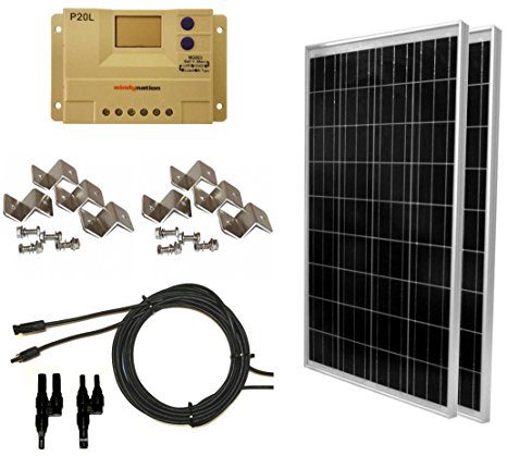 WindyNation 200 Watt (2pcs 100 Watt) Solar Panel Complete Off-Grid RV Boat Kit with LCD PWM Charge Controller   Solar Cable   MC4 Connectors   Mounting Brackets