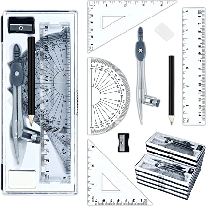 EAONE 10 Sets Geometry Set, 8Pcs Compass and Protractor Box Set Includes Rulers, Protractor, Compass, Pencil Sharpener, Eraser for Students Math Kit Back to School Supplies