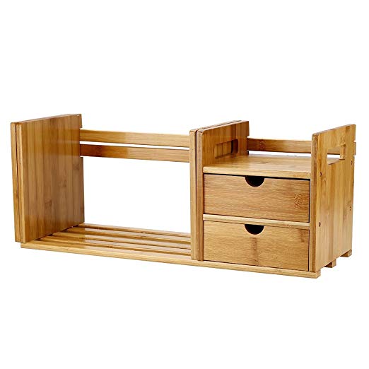 Desktop Bookcase Bamboo Wood Extendable Desktop Storage Shelf with 2 Drawers for Desk Interior Decoration Book-Making