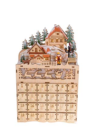 Clever Creations Wooden Christmas Village Advent Calendar Diarama | LED Lights | Wood Construction | Unique Holiday Decoration | Measures 8.75" x 3" x 14" | Battery Powered