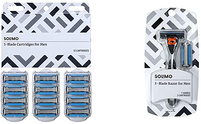 Solimo 5-Blade Razor Refills for Men with Dual Lubrication and Precision Beard Trimmer, 12 Cartridges (Fits Solimo Razor Handles only) & 5-Blade MotionSphere Razor for Men & 2 Cartridges