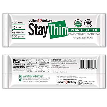Stay Thin® Protein Bar (Certified Organic) (160 Cal) (20g Grass-Fed Whey Protein) (2 Net Carbs)(4 Ingredients)(1g Sugar)(12 Gluten-Free Bars)