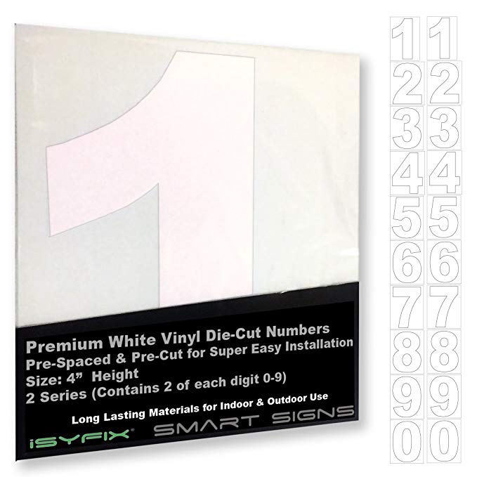 White Vinyl Numbers Stickers - 4 inch Self Adhesive - 2 Sets - Premium Decal Die Cut and Pre-Spaced for Mailbox, Signs, Window, Door, Cars, Trucks, Home, Business, Address Number, Indoor Or Outdoor