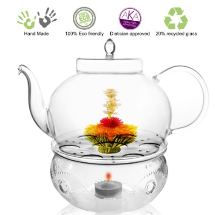 Tea Beyond Tea Services Teapot Polo 45 Oz / 1330 Ml and Glass Tea Warmer Wave Large