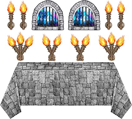 11 Pcs Medieval Scene Setter Set Window Torch Props Party Accessory Plastic Brick Tablecloth Knight Themed Castle Decorations Medieval Party Decorations for Party Table Wall Decor (Dazzling Window)