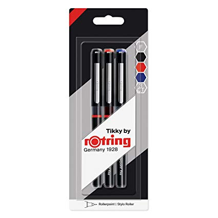 rOtring Tikky Rollerpoint Pen, Fine, Red, Blue, Black Ink, Pack of 3