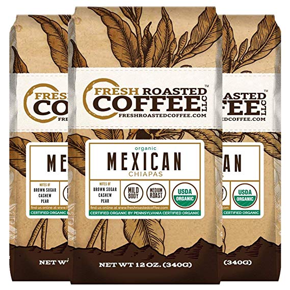 Fresh Roasted Coffee LLC, Organic Mexican Chiapas Coffee, USDA Organic, Medium Roast, Whole Bean, 12 Ounce Bags, 3 Pack
