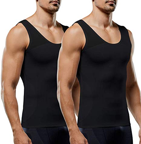 Men's Compression Shirt Slimming Body Shaper Vest to Hide Man Boobs Shapewear 2 Pack